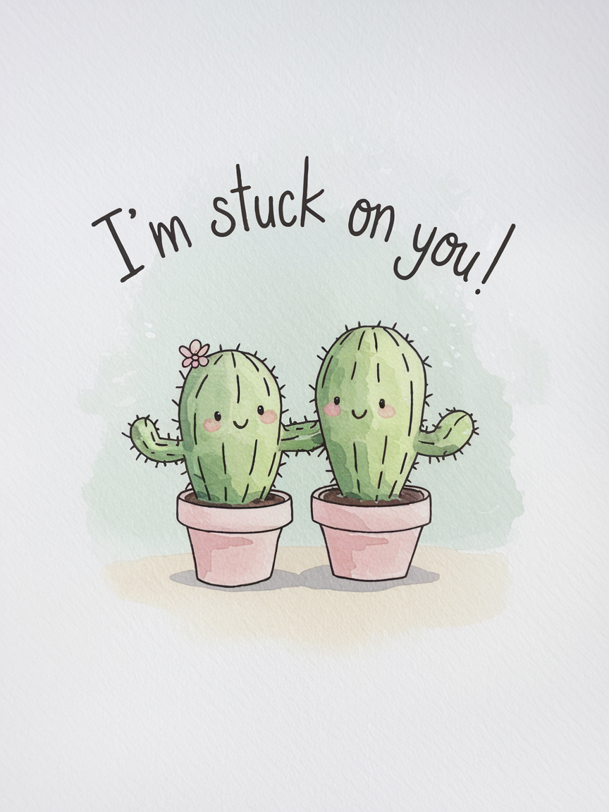 I’m Stuck on You – Kawaii Cactus Greeting Card