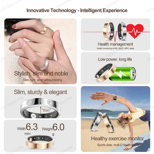 2025 Smart Ring Damen Herren Super schmal 6,3 mm Herzfrequenz Gesundheits-Stressmessung Monitor IP68 Wasserdicht Fashion Sportringe