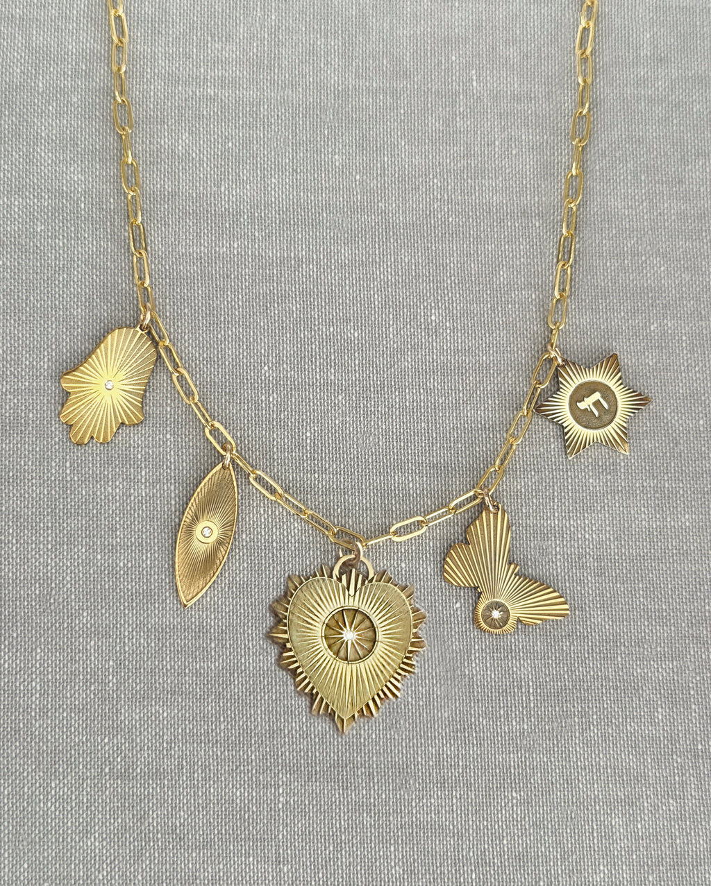 Vesta Heart Five Charm Initial Necklace
